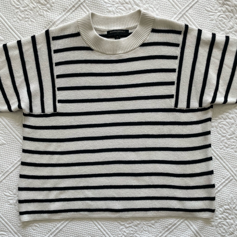 Banana Republic Crewneck Ribbed Striped Sweater Merino Wool Blend Cream Black M - Picture 5 of 14